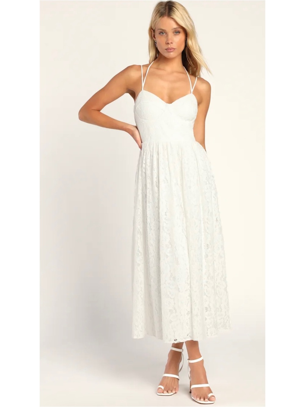 Lulus Striving For Elegance White Crochet Lace Bustier Midi Dress Size Large